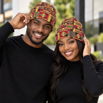 African Kente Pattern Cuffed Beanie Knitted Hat | Kente Fashion Accessory | Bynelo