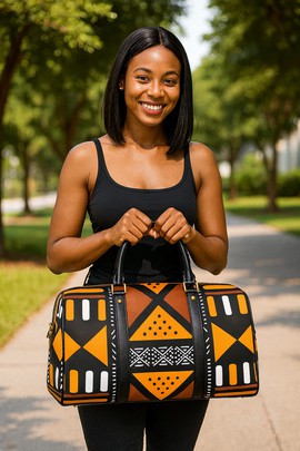 African Leather Bag for Travel Ethnic Mud Cloth Pattern