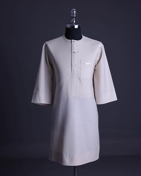 A porcelain, front flap with gold Swarovski button, patch pocket, 3/4 sleeve kaftan native