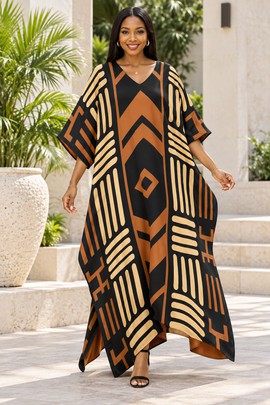 Robe midi à col en V et manches courtes pour femme en imprimé africain | Robe midi en imprimé africain | Bynelo