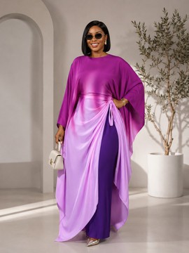 Ensemble de pantalon kaftan en satin ombré violet de luxe pour femme – Élégant ensemble 2 pièces avec haut à manches chauve-souris et pantalon à jambes larges