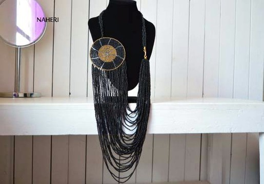African beaded loop necklace black | Chunky trendy jewelry | Romantic tribal neck piece