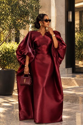 Women's Burgundy Satin Maxi Dress – Elegant Oversized Puff Cape Sleeve Gown