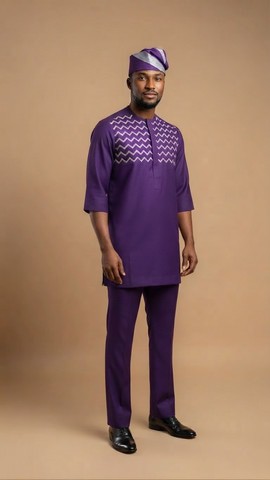 Ensemble royal violet brodé pour homme avec kaftan, pantalon et fila assortie