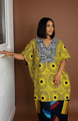 African Print Kaftan Top with Geometric Neckline &amp; Statement Ankara Trousers