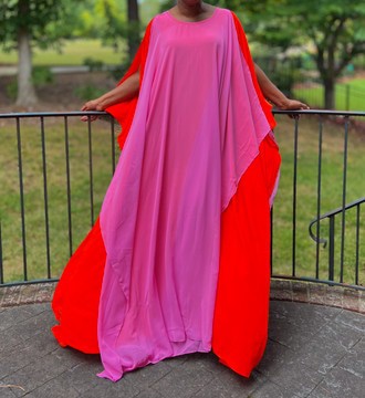 Vibrant Pink and Red Chiffon Sheer Layered Kaftan Maxi Dress