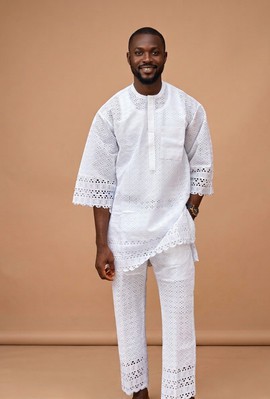 Men's Pure White Swiss Cotton Eyelet Lace Senator Set