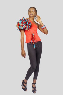 Jersey and Ankara Print One Shoulder Ruffled Top, Ankara Top,  African Print Top, Ruffled Top