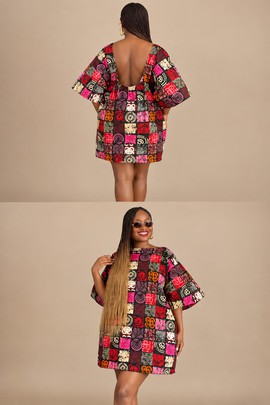 Robe droite ample courte à manches courtes pour femme en imprimé africain – Patchwork coloré