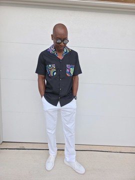 Black Mens Ankara Shirt with African Print Collar and Pockets