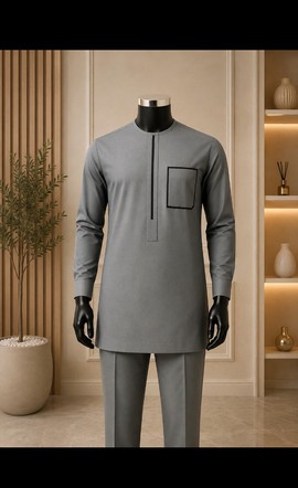 Haut traditionnel gris pour homme avec passepoil contrastant noir et détail de poche poitrine