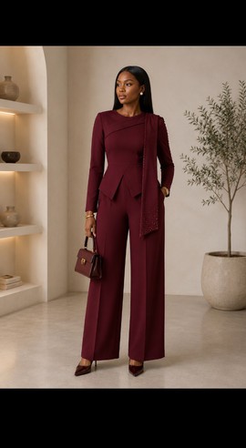 Ensemble femme composé d’un haut bordeaux à encolure asymétrique et d’un pantalon à jambes larges