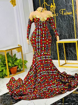 Kente print long dress,African flare mermaid prom dress,kente women clothing, African gowns
