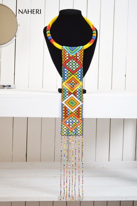 African multi color Beaded Necklace | Yellow Zulu Beaded Long Neck Piece