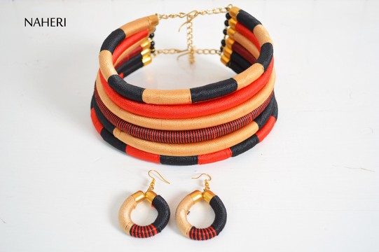 African inspired layered necklace bracelet and earrings set | Handmade designer jewelry