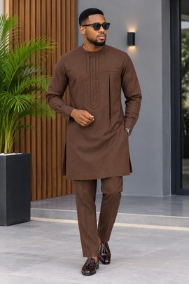 Ensemble sénateur marron pour homme – tunique longue brodée et pantalon, 2 pièces