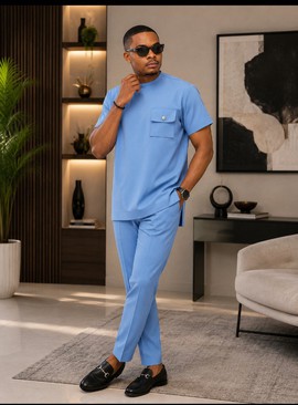 Ensemble en tissu Senator bleu ciel pour homme – Haut à col rond et pantalon, tenue décontractée deux pièces