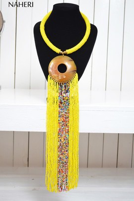 African beaded horn yellow necklace | Romantic tribal fringe jewelry