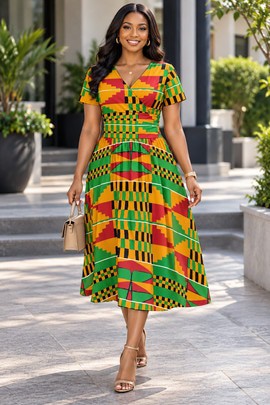 Robe midi à col en V et manches courtes pour femme en imprimé africain | Robe midi en imprimé africain | Bynelo