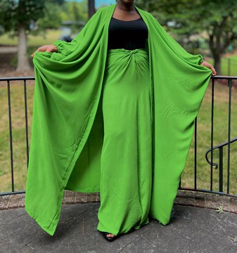 Stylish Green Two Piece Oversized Crepe Maxi Cardigan Top and Wrap Skirt Set