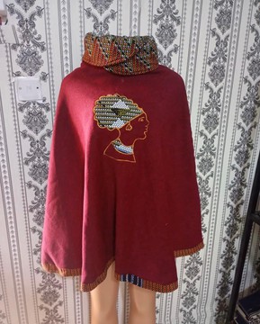 African Women Poncho, Burgundy Poncho Top,  Afro Queen Ankara Trim