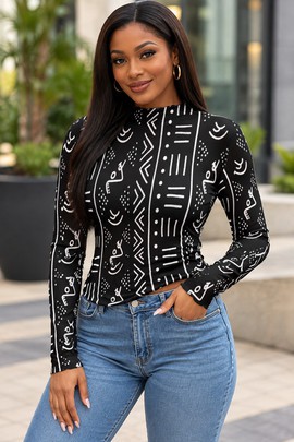 Tribal Mudcloth Pattern Women's Mesh Long Sleeve T-Shirt Black | African Fashion | Bynelo