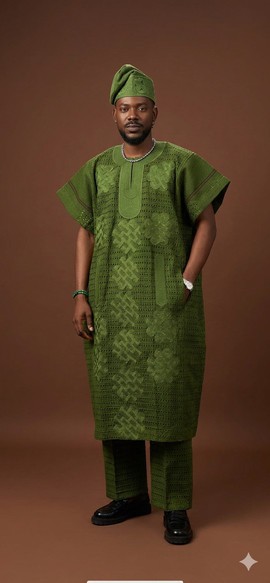 Elegant Olive Green Aso Oke Ensemble