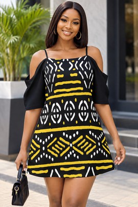 Robe caraco colorée à épaules dénudées pour femme, imprimé tribal en bogolan | Vêtements africains pour femme | Bynelo