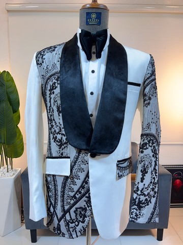 A white black embellished tuxedo suit. For any occasion. Best seller