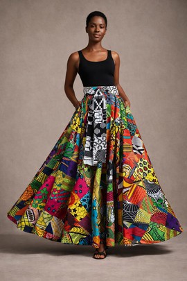 High-waisted flared maxi skirt in wax print – patchwork