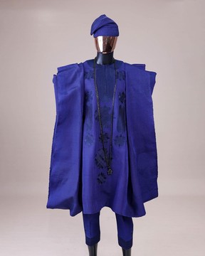 A navy blue aso-oke, spiral embroidery detailing agbada, dashiki, hand picked Yoruba cap &amp; sokoto