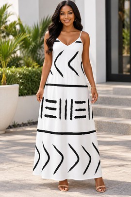 Robe longue élégante à col en V pour femme, imprimé flèches tribales | Robe longue à imprimé tribal