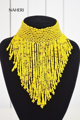 African beaded choker necklace | African tribal fringe necklace | Yellow necklace