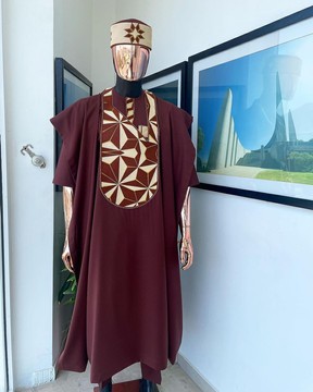 A cinnamon brown agbada, sun set in the east embroidery detailing Agbada