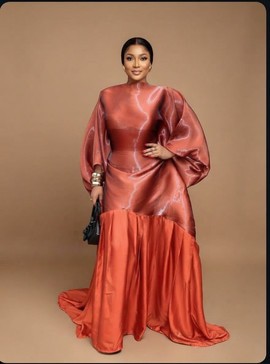 Rust Orange Mikado Sheen Boubou Kaftan Dress with Pleated Hem