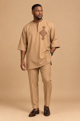 Ensemble moderne de kaftan couleur camel pour homme avec broderie géométrique – Tenue africaine traditionnelle deux pièces