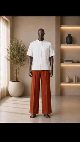 Ensemble pour homme composé d’un haut sénateur blanc et d’un pantalon à jambes larges orange brûlé – Deux pièces color block