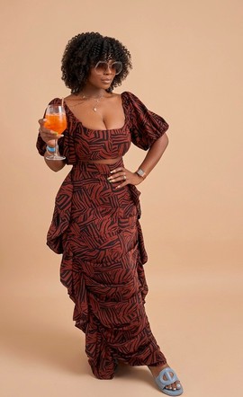 Stylish Brown Printed Two-Piece Skirt Set – Puff Sleeve Crop Top &amp; Ruffle Maxi Skirt