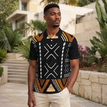Mudcloth Cowrie Print Men's Heavyweight Polyester Polo Shirt | African Print Polo | Bynelo