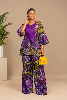 Women’s Ankara Two-Piece Set – Purple &amp; Yellow African Print Top and Wide-Leg Trousers