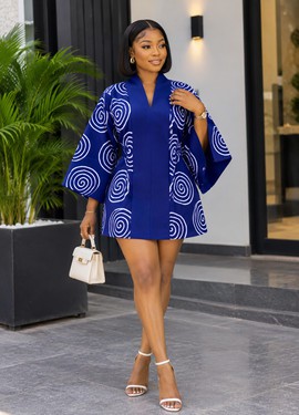 Women's Navy Blue Ankara Print Blazer Mini Dress with Bell Sleeves