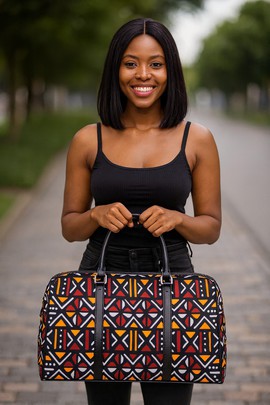 African Leather Bag for Travel Mud Cloth Abstract Pattern