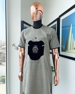 A rhino grey, beaded hand embroidery front patch with black velvet pattern detailing katfan