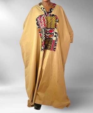 Oversized Maxi Kaftan Dress with Tribal Print Multicolor Front Collar Detail
