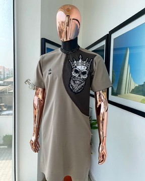 An almond ivory &amp; Cedar brown, black and gold metallic Jacquard neck &amp; crown skull embrodery kaftan