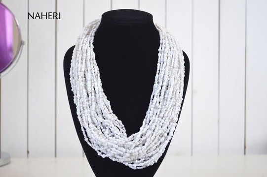 Collier gros perles africaines | Bijoux faits main blancs | Bijoux tribaux