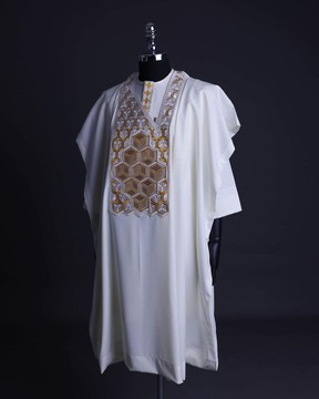 An Ivory White, Connected inverted cube -layered 3D embroidery design agbada