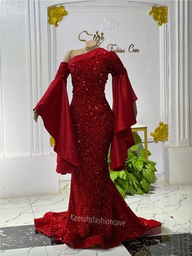 Bell sleeves red Sequin dress,shimmery evening gown,African wedding dress