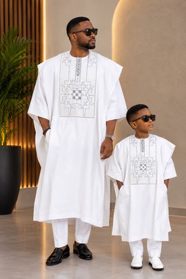 Father &amp; Son White Agbada Set – Matching Embroidered Nigerian Traditional Attire