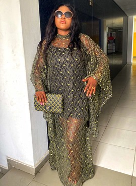 African Woman Handcut Embroidered Net Lace Kaftan Dress WITH Scarf for Weddings/Special occasions